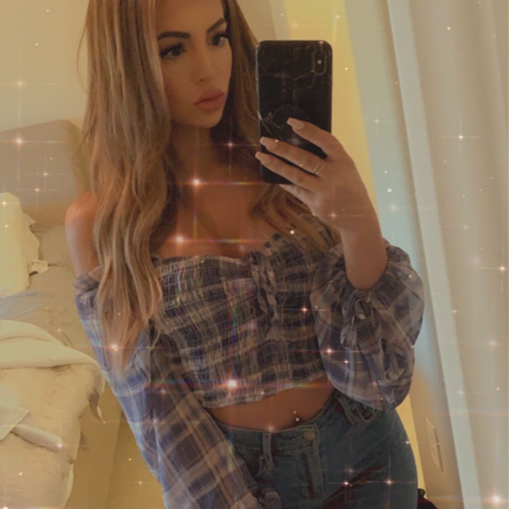 Flannel crop top off the shoulder